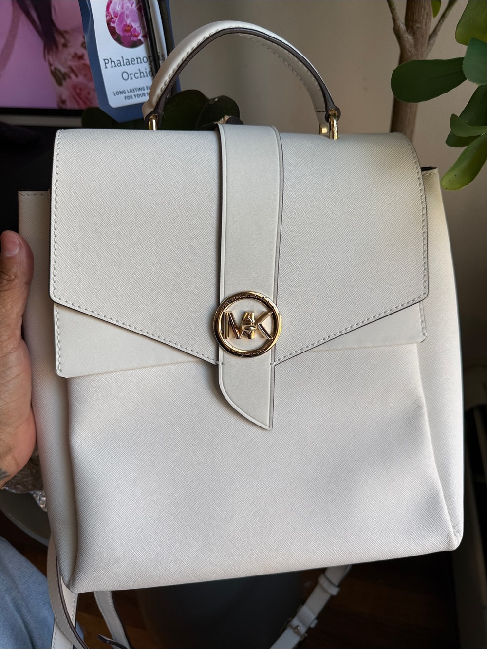 Michael Kors Cream Leather Top-Handle Satchel with Gold MK Logo,color White